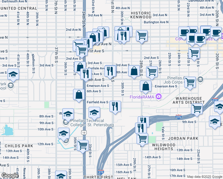 map of restaurants, bars, coffee shops, grocery stores, and more near 3101 6th Avenue South in St. Petersburg
