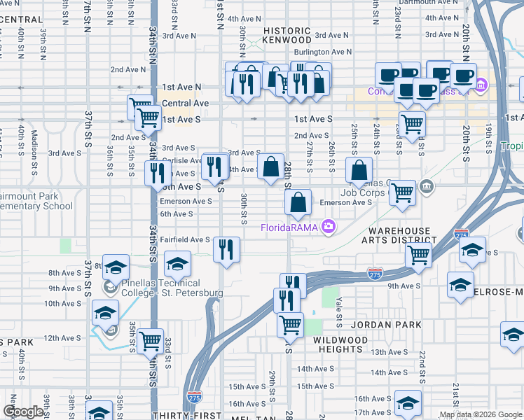map of restaurants, bars, coffee shops, grocery stores, and more near 2867 6th Avenue South in St. Petersburg