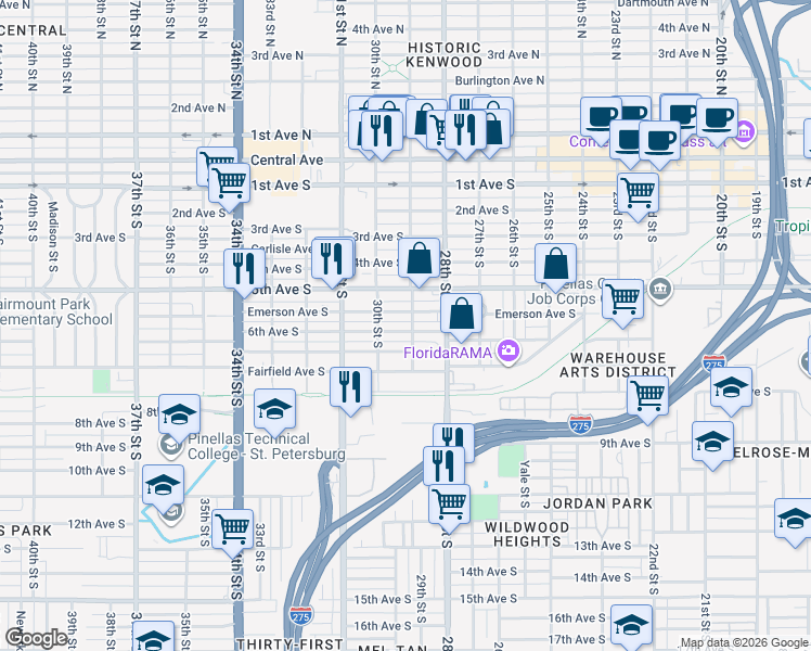 map of restaurants, bars, coffee shops, grocery stores, and more near 2867 6th Avenue South in St. Petersburg