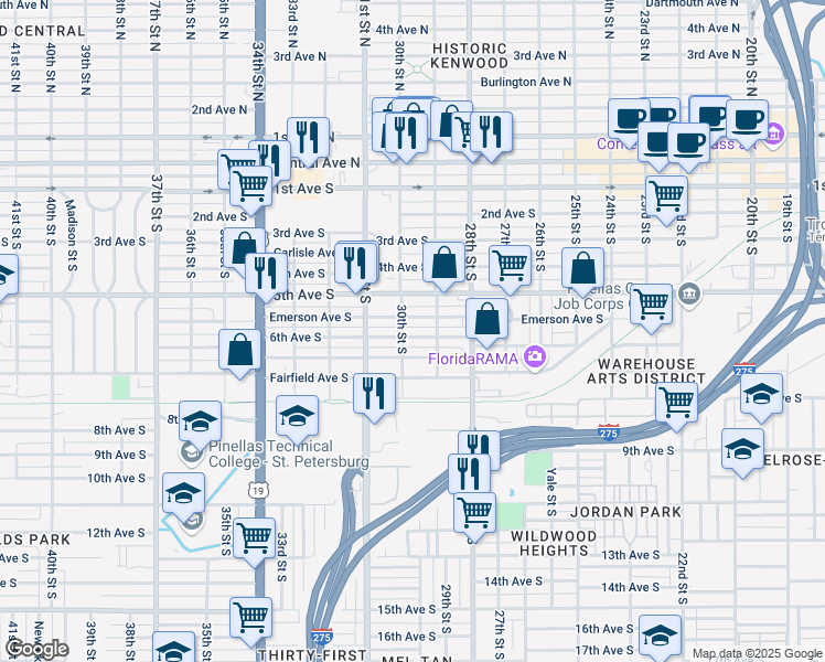 map of restaurants, bars, coffee shops, grocery stores, and more near 3001 6th Avenue South in St. Petersburg