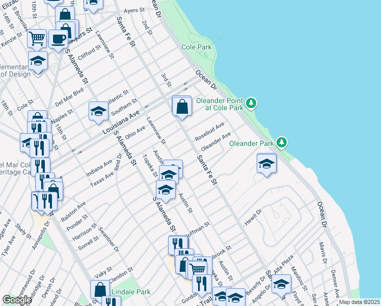 map of restaurants, bars, coffee shops, grocery stores, and more near 317 Oleander Avenue in Corpus Christi