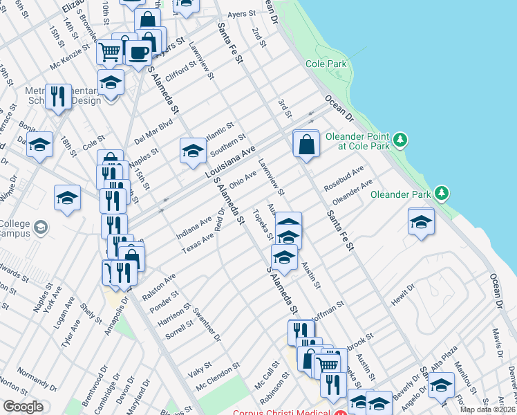 map of restaurants, bars, coffee shops, grocery stores, and more near 2817 Austin Street in Corpus Christi