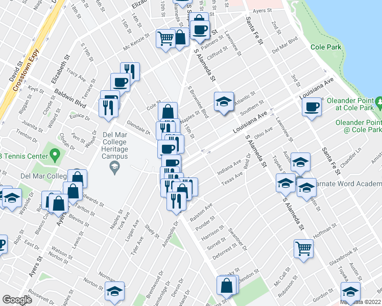 map of restaurants, bars, coffee shops, grocery stores, and more near 718 Louisiana Ave in Corpus Christi