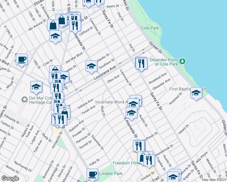 map of restaurants, bars, coffee shops, grocery stores, and more near 466 Texas Avenue in Corpus Christi