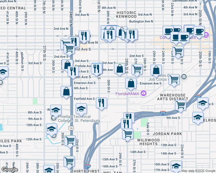 map of restaurants, bars, coffee shops, grocery stores, and more near 3001 6th Avenue South in St. Petersburg