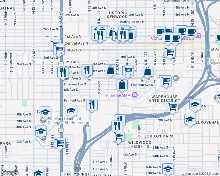 map of restaurants, bars, coffee shops, grocery stores, and more near 2867 6th Avenue South in St. Petersburg