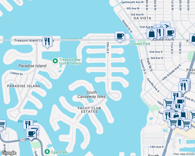 map of restaurants, bars, coffee shops, grocery stores, and more near 7973 4th Avenue South in Saint Petersburg