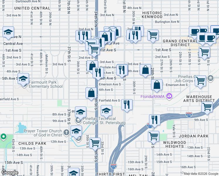 map of restaurants, bars, coffee shops, grocery stores, and more near 3243 6th Avenue South in St. Petersburg