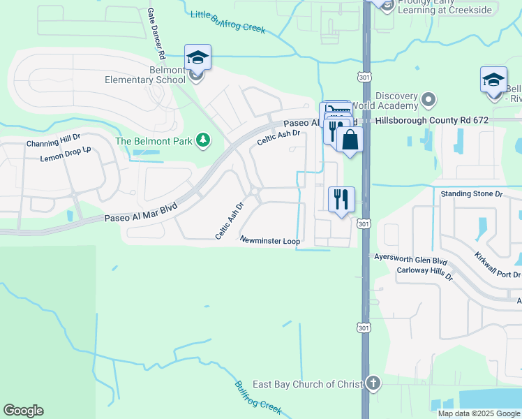 map of restaurants, bars, coffee shops, grocery stores, and more near 10004 Newminster Loop in Ruskin