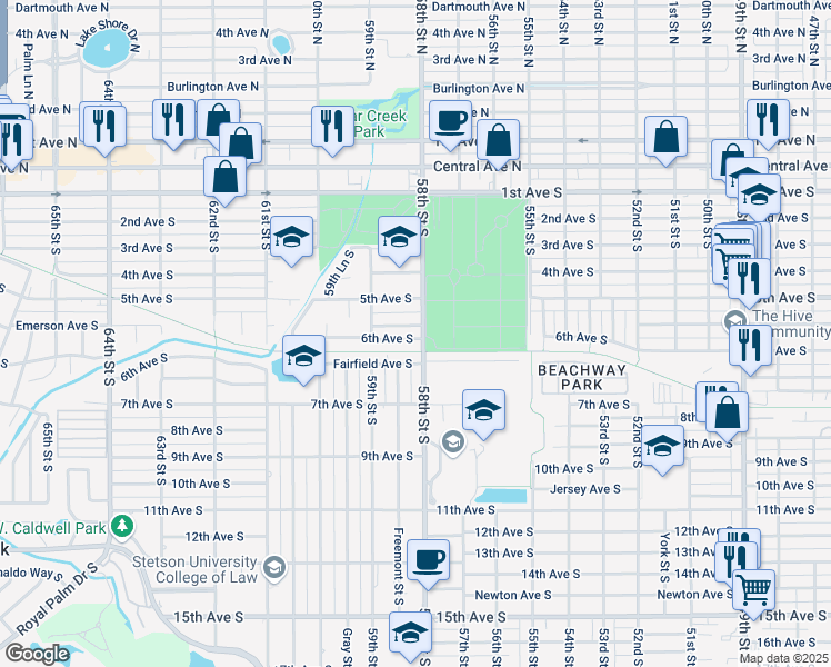 map of restaurants, bars, coffee shops, grocery stores, and more near 5830 6th Avenue South in St. Petersburg