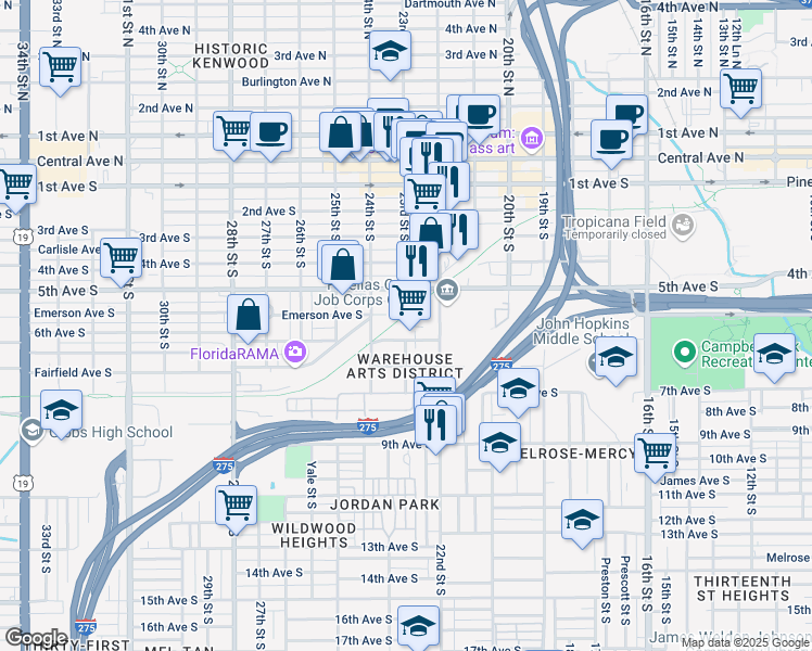 map of restaurants, bars, coffee shops, grocery stores, and more near 500-599 23rd Street South in St. Petersburg