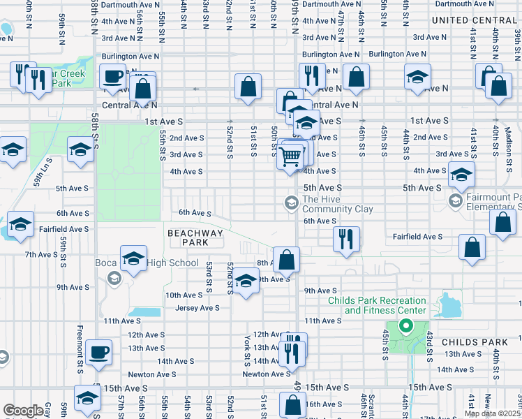 map of restaurants, bars, coffee shops, grocery stores, and more near 5040 Emerson Avenue South in Saint Petersburg