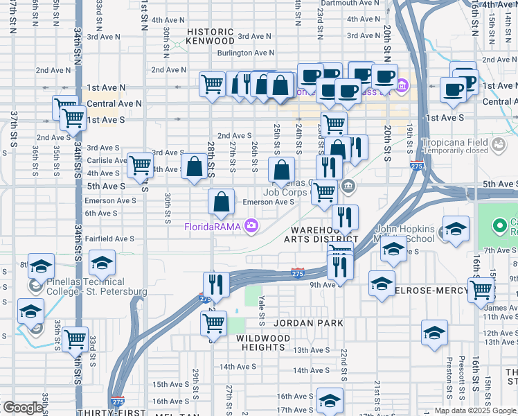 map of restaurants, bars, coffee shops, grocery stores, and more near 550 26th Street South in Saint Petersburg