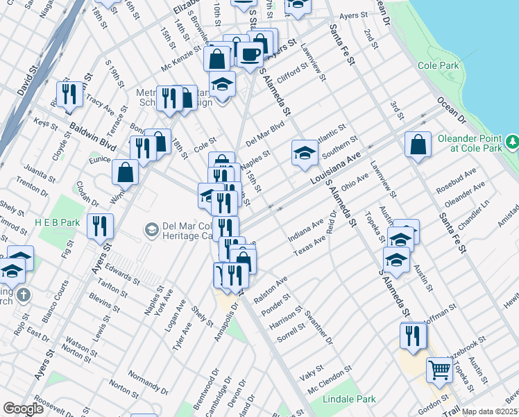 map of restaurants, bars, coffee shops, grocery stores, and more near 718 Louisiana Avenue in Corpus Christi