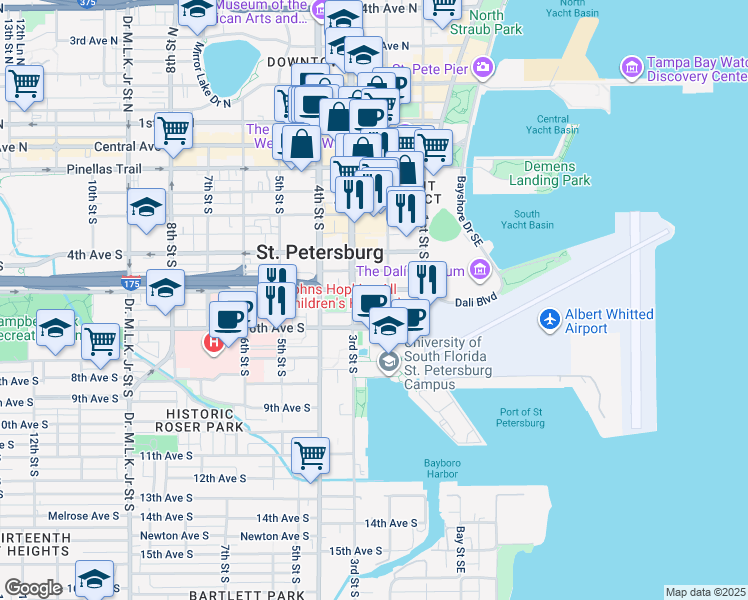 map of restaurants, bars, coffee shops, grocery stores, and more near 510 3rd Street South in St. Petersburg