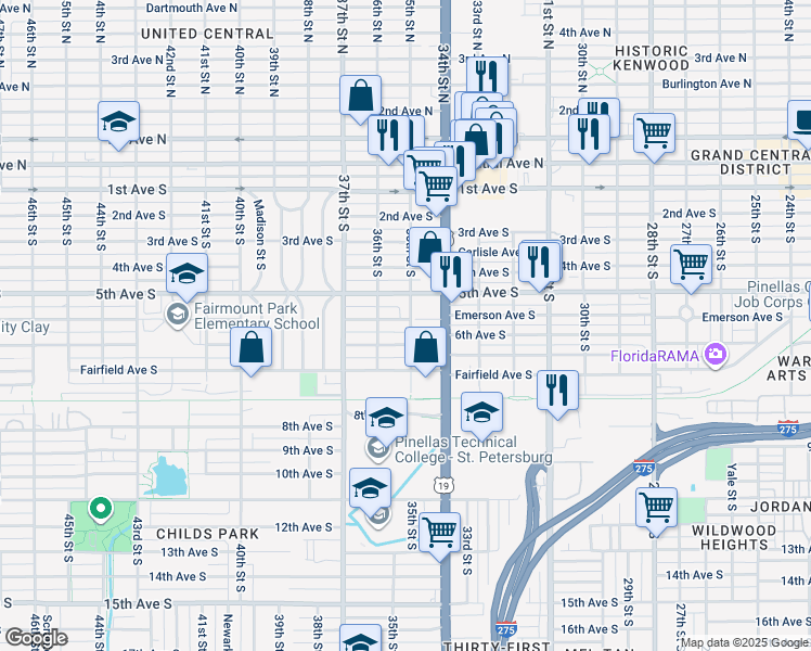 map of restaurants, bars, coffee shops, grocery stores, and more near 3539 6th Avenue South in St. Petersburg