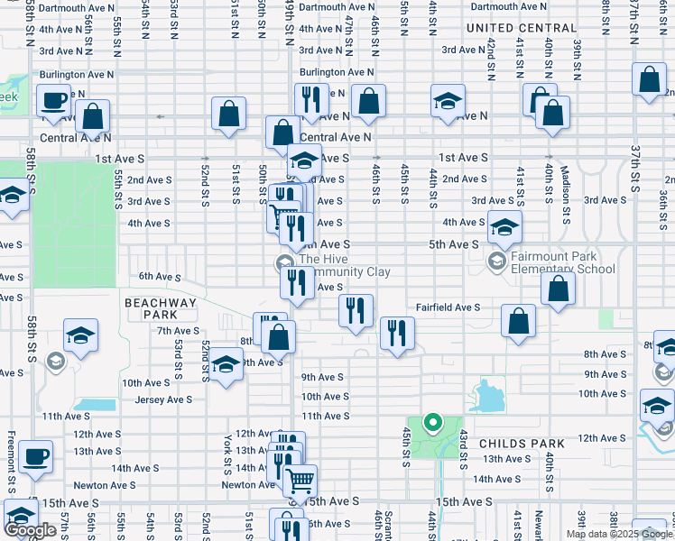 map of restaurants, bars, coffee shops, grocery stores, and more near 4745 6th Avenue South in St. Petersburg
