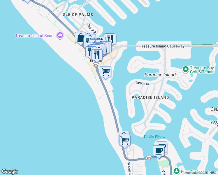 map of restaurants, bars, coffee shops, grocery stores, and more near 10301 103rd Avenue in Treasure Island
