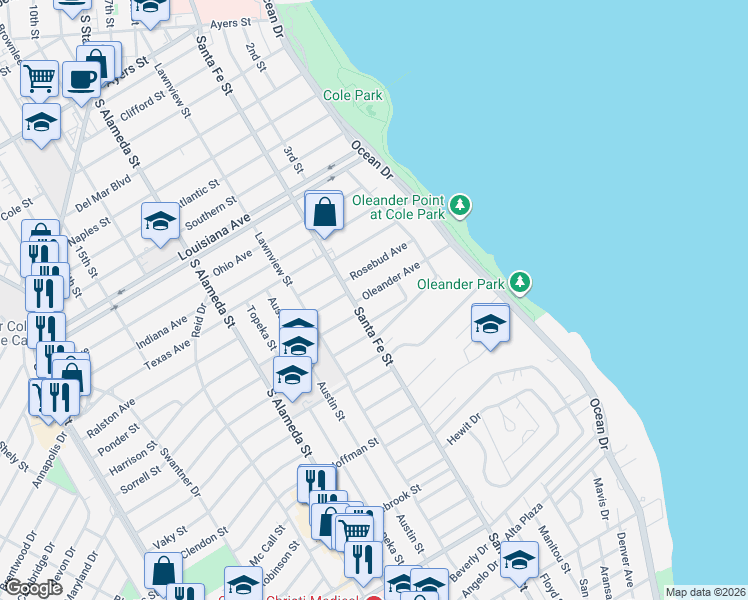 map of restaurants, bars, coffee shops, grocery stores, and more near 250 Melrose Street in Corpus Christi