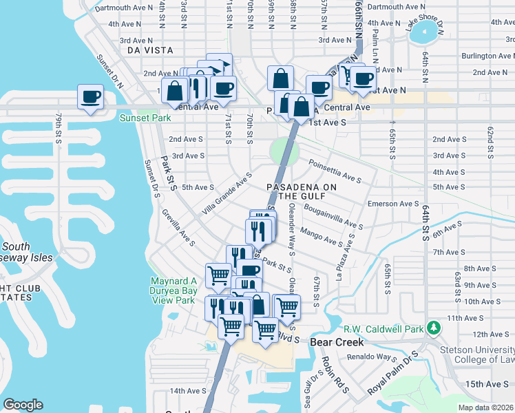 map of restaurants, bars, coffee shops, grocery stores, and more near 6921 Mango Avenue South in St. Petersburg
