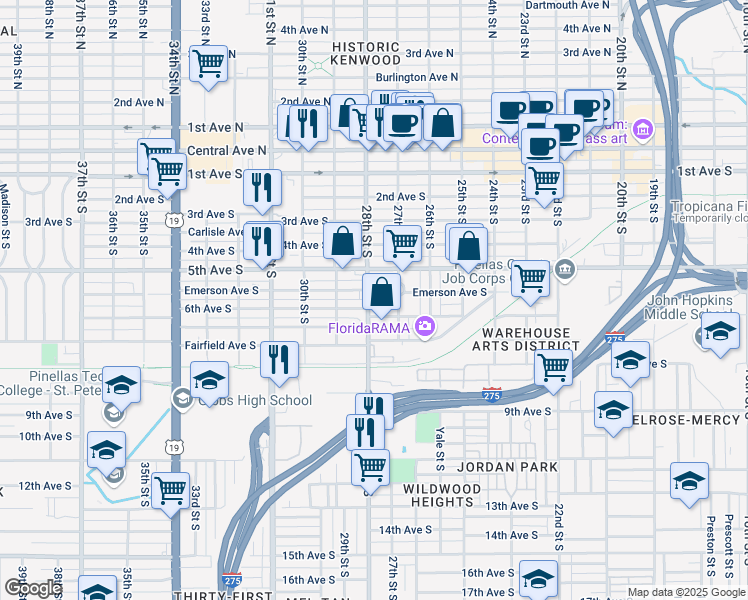 map of restaurants, bars, coffee shops, grocery stores, and more near 558 28th Street South in St. Petersburg