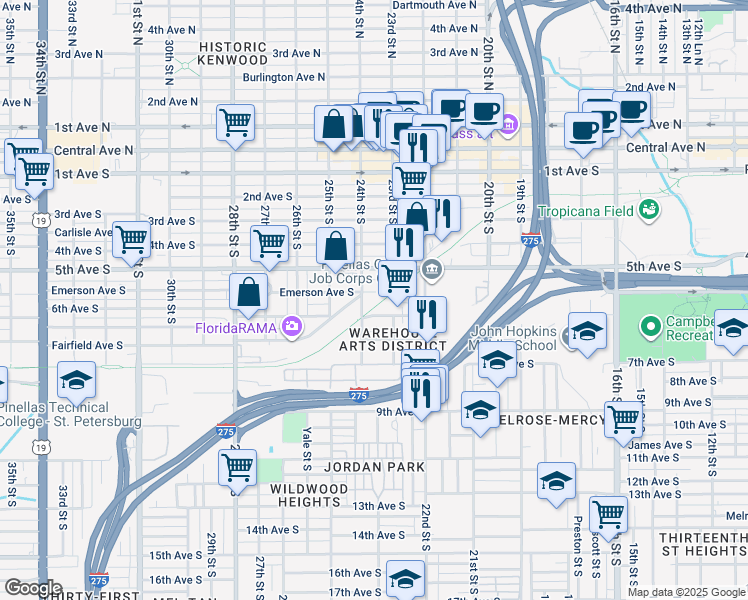 map of restaurants, bars, coffee shops, grocery stores, and more near 500-599 23rd Street South in St. Petersburg