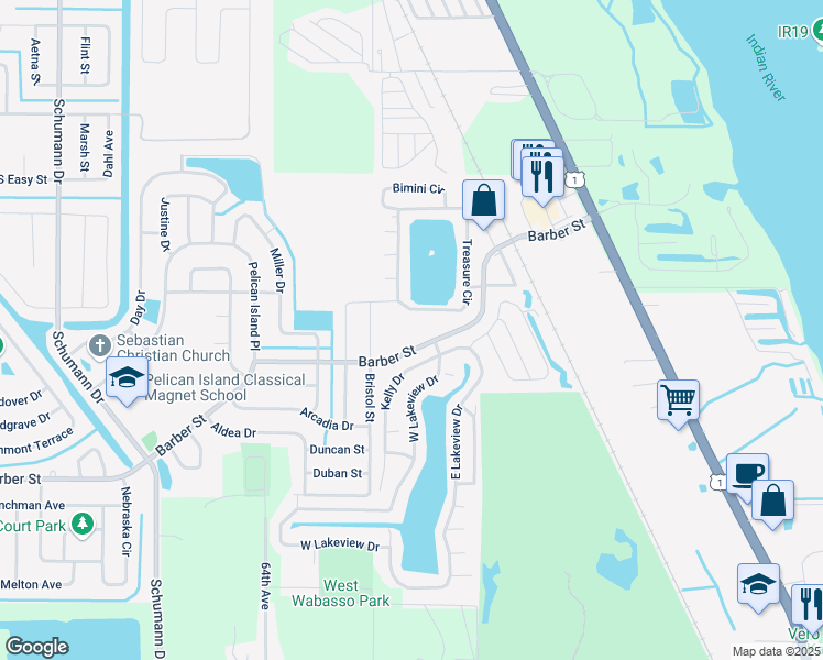 map of restaurants, bars, coffee shops, grocery stores, and more near 2050 Barber Street in Sebastian