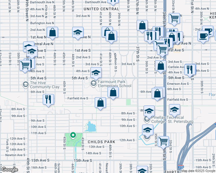map of restaurants, bars, coffee shops, grocery stores, and more near 4010 Emerson Avenue South in St. Petersburg