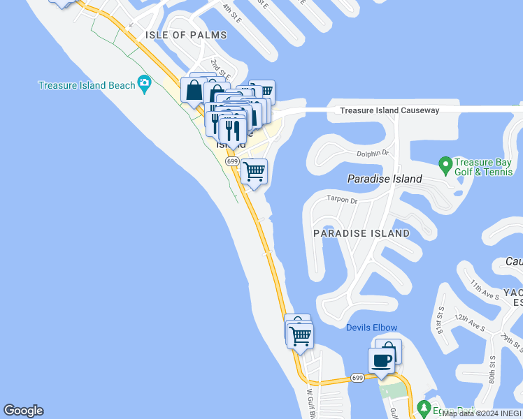 map of restaurants, bars, coffee shops, grocery stores, and more near 10315 Gulf Boulevard in Treasure Island