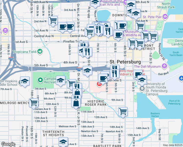 map of restaurants, bars, coffee shops, grocery stores, and more near 750 5th Avenue South in St. Petersburg