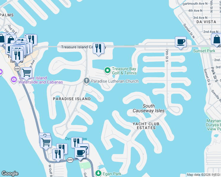 map of restaurants, bars, coffee shops, grocery stores, and more near 553 Haven Point Drive in Treasure Island