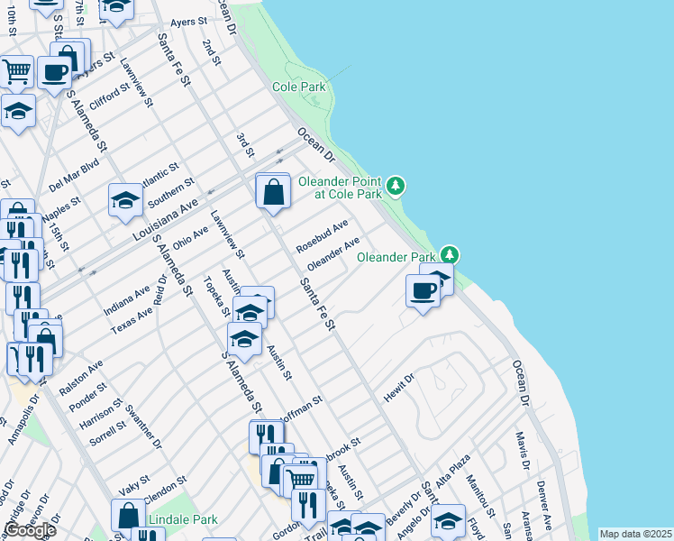 map of restaurants, bars, coffee shops, grocery stores, and more near 221 Chandler Lane in Corpus Christi