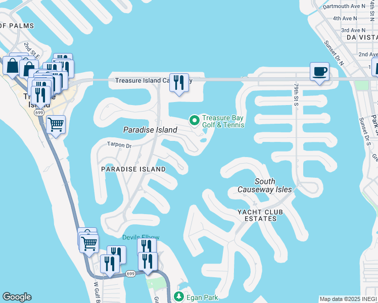 map of restaurants, bars, coffee shops, grocery stores, and more near 513 Haven Point Drive in Treasure Island