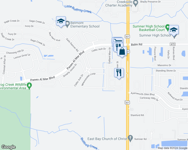map of restaurants, bars, coffee shops, grocery stores, and more near 10274 Newminster Loop in Ruskin