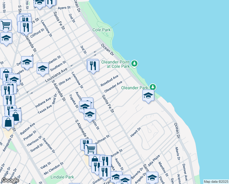 map of restaurants, bars, coffee shops, grocery stores, and more near 221 Chandler Lane in Corpus Christi