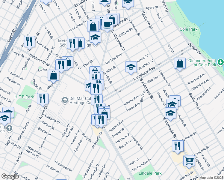 map of restaurants, bars, coffee shops, grocery stores, and more near 718 Louisiana Avenue in Corpus Christi
