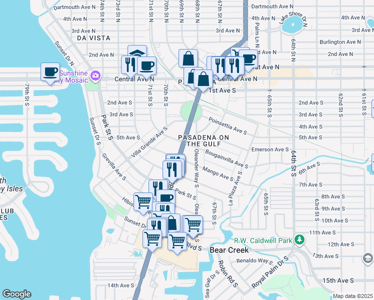 map of restaurants, bars, coffee shops, grocery stores, and more near 538 Pasadena Avenue South in St. Petersburg