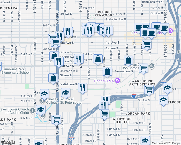 map of restaurants, bars, coffee shops, grocery stores, and more near 2960 Emerson Avenue South in St. Petersburg