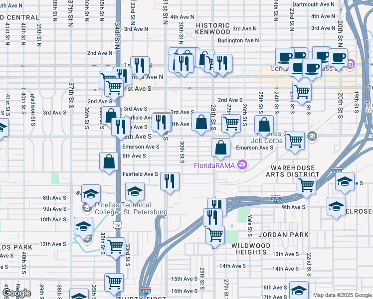 map of restaurants, bars, coffee shops, grocery stores, and more near 2960 Emerson Avenue South in Saint Petersburg