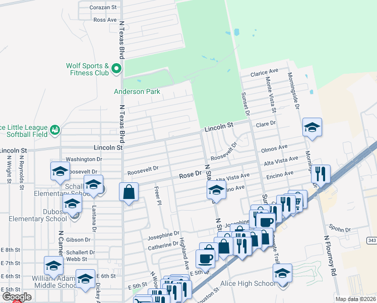 map of restaurants, bars, coffee shops, grocery stores, and more near 1317 Roosevelt Boulevard in Alice