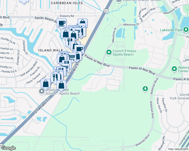 map of restaurants, bars, coffee shops, grocery stores, and more near 6022 Milestone Drive in Apollo Beach