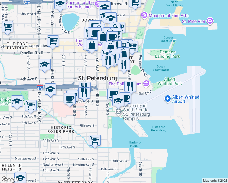 map of restaurants, bars, coffee shops, grocery stores, and more near 510 3rd Street South in St. Petersburg