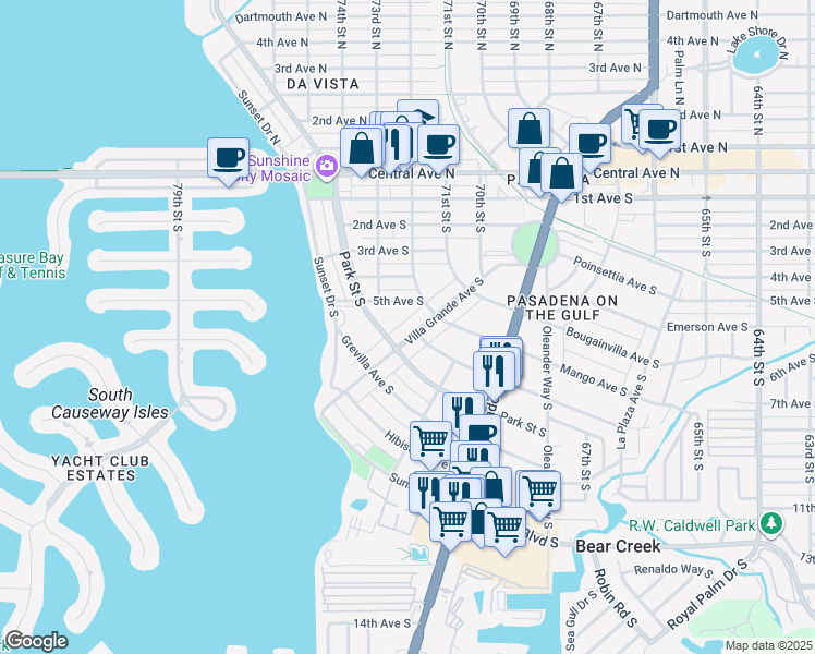 map of restaurants, bars, coffee shops, grocery stores, and more near 556 Park Street South in St. Petersburg