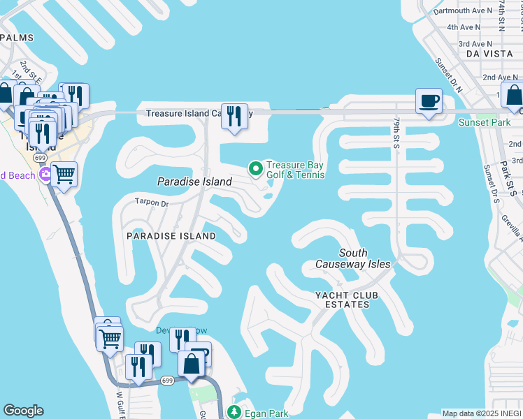 map of restaurants, bars, coffee shops, grocery stores, and more near 557 Haven Point Drive in Treasure Island