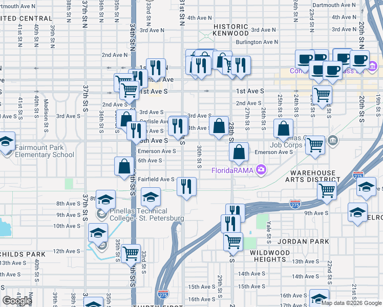 map of restaurants, bars, coffee shops, grocery stores, and more near 3036 Emerson Avenue South in St. Petersburg