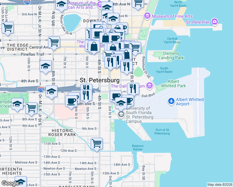 map of restaurants, bars, coffee shops, grocery stores, and more near 510 3rd Street South in St. Petersburg