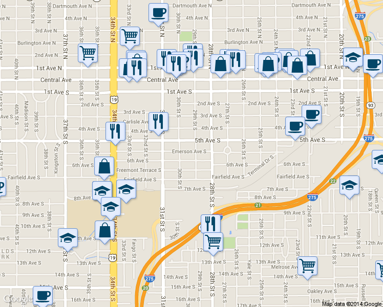 map of restaurants, bars, coffee shops, grocery stores, and more near 2867 6th Avenue South in St. Petersburg