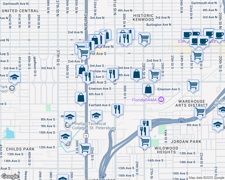 map of restaurants, bars, coffee shops, grocery stores, and more near 3101 6th Avenue South in St. Petersburg