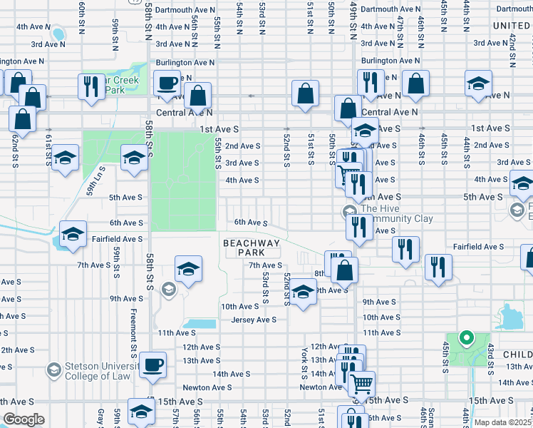 map of restaurants, bars, coffee shops, grocery stores, and more near 5276 6th Avenue South in St. Petersburg