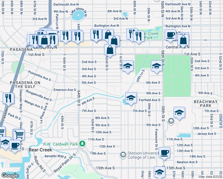 map of restaurants, bars, coffee shops, grocery stores, and more near 555 61st Street South in St. Petersburg